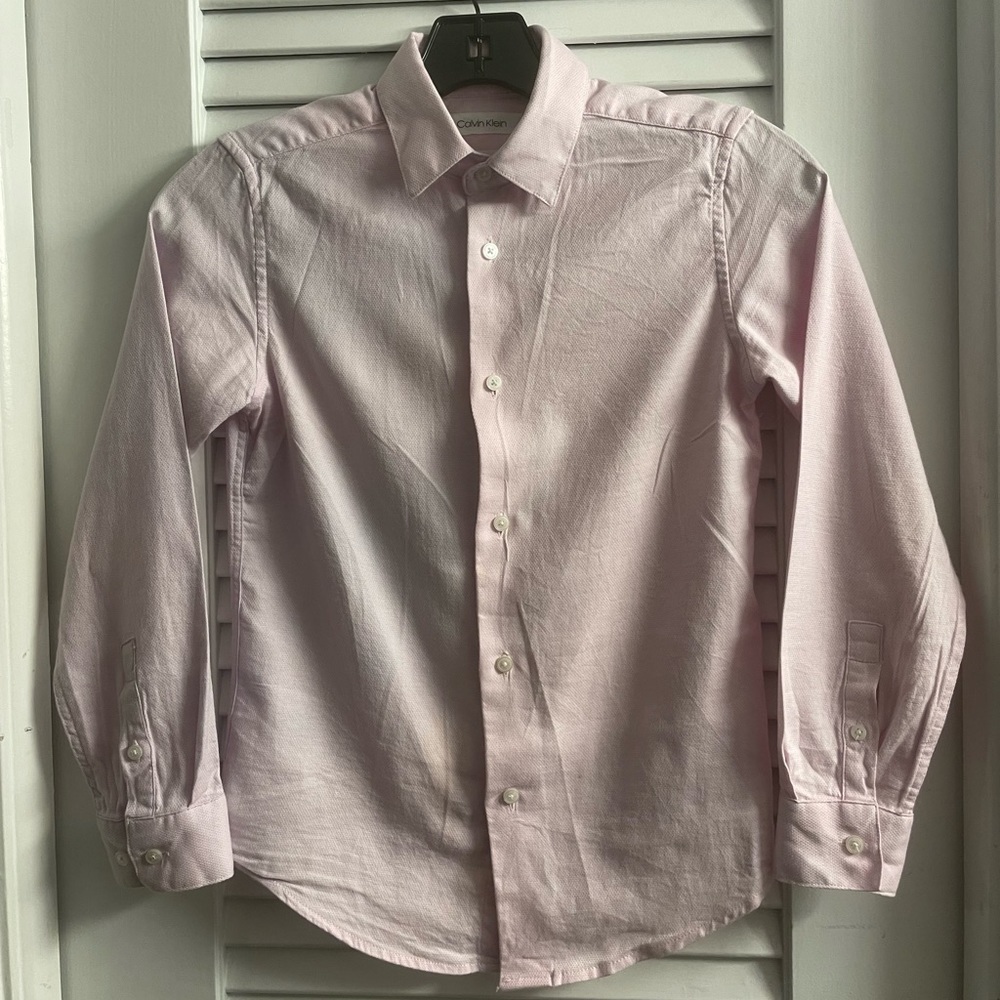 Calvin Klein Pale Pink Waffle Texture Oxford ButtonDown Boys 10, Slim Stretch